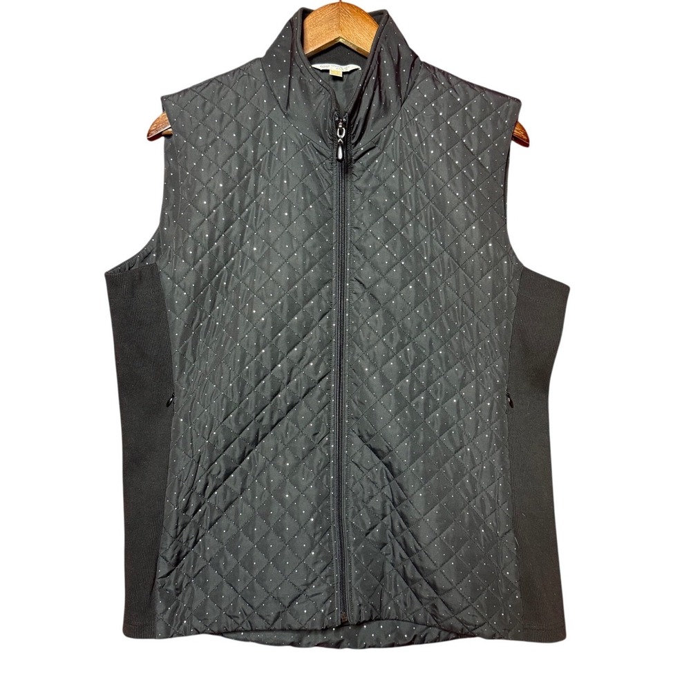 Monterey Club Quilted Vest Women Large Black Excellent Studded Full Zip Golf